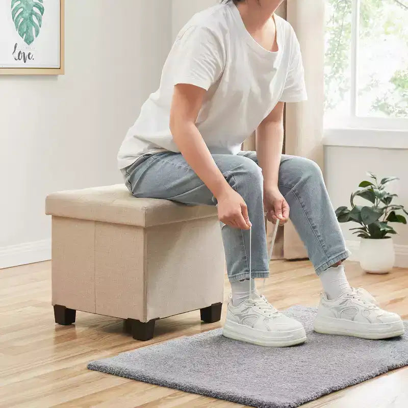 Pouffe de rangement carré en lin de 38 cm avec pieds