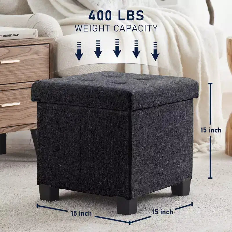 Pouffe de rangement carré en lin de 38 cm avec pieds