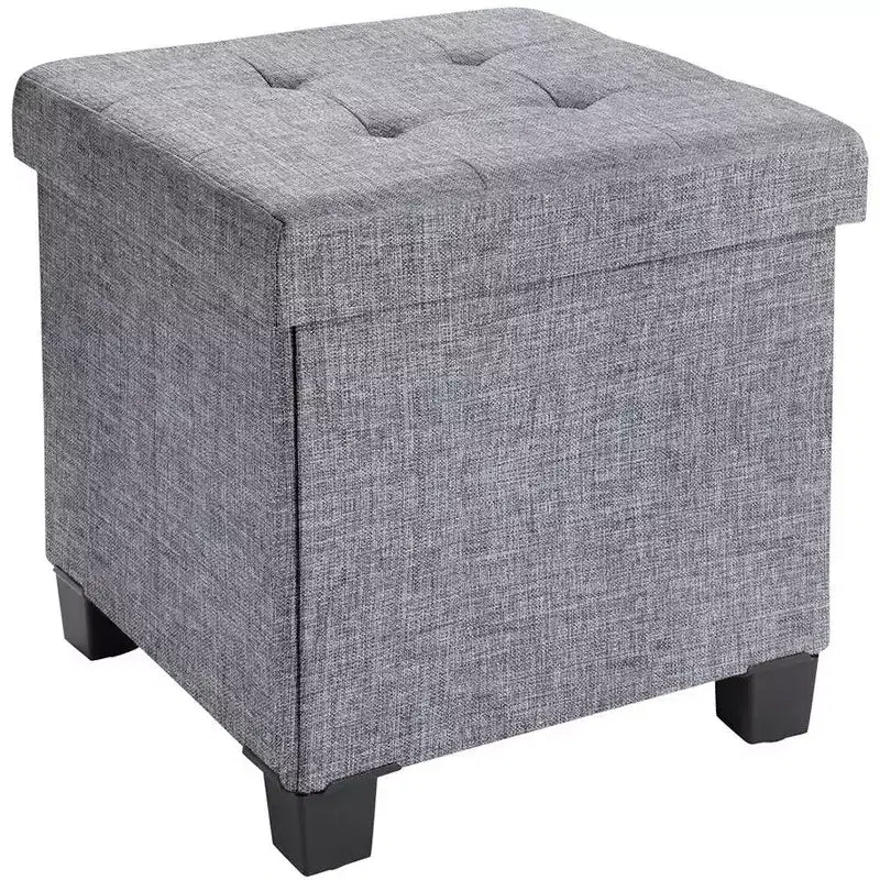 Pouffe de rangement carré en lin de 38 cm avec pieds