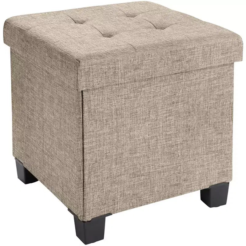 Pouffe de rangement carré en lin de 38 cm avec pieds