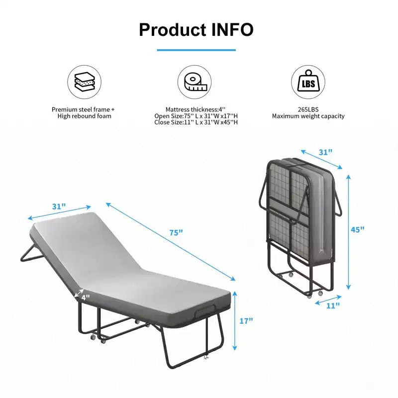 Lit pliant avec matelas, lit d'appoint portable, lit de camp, lit d'appoint pliable matelassé doux