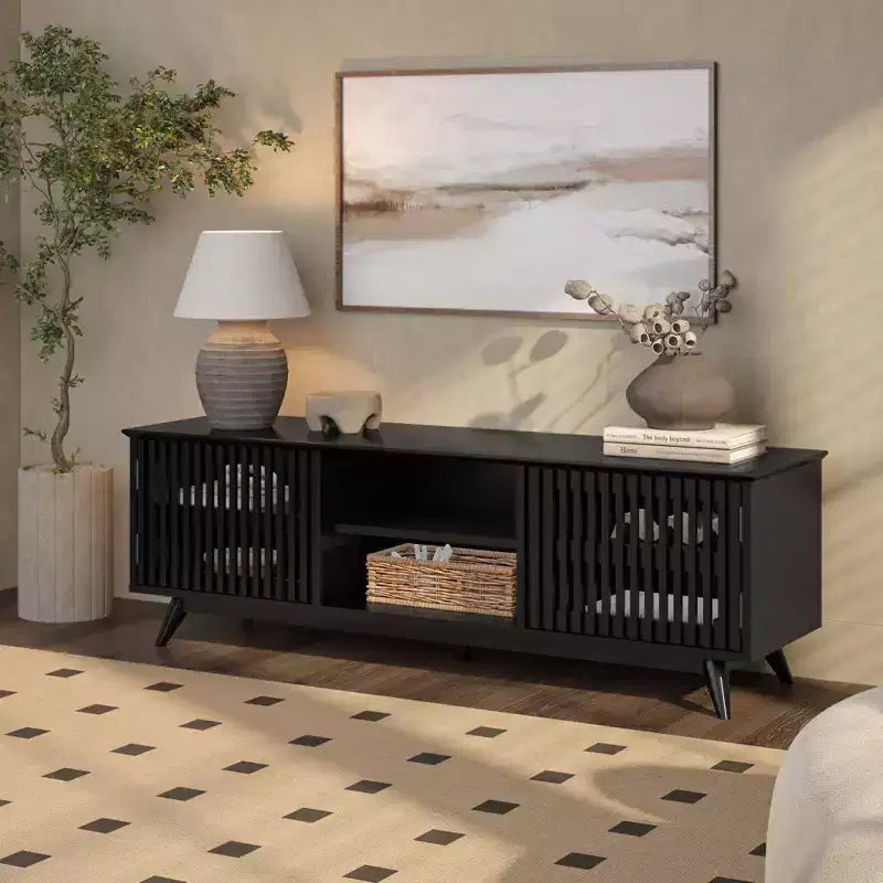 Meuble TV Mid-Century Moderne 150 cm en Bois Massif avec 2 Portes – Noir / Blond / Noyer / Pacanier