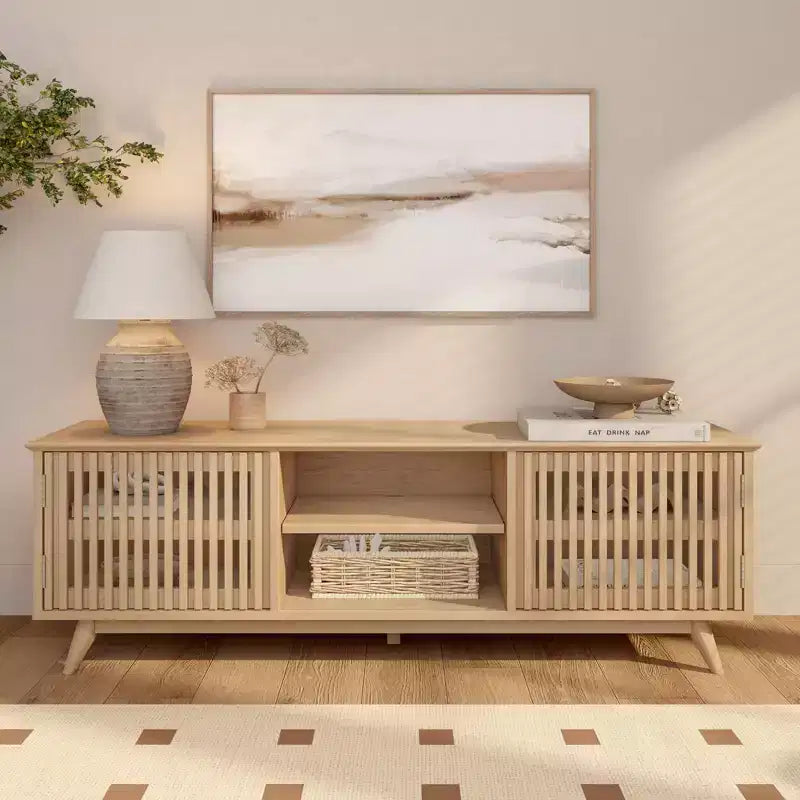 Meuble TV Mid-Century Moderne 150 cm en Bois Massif avec 2 Portes – Noir / Blond / Noyer / Pacanier