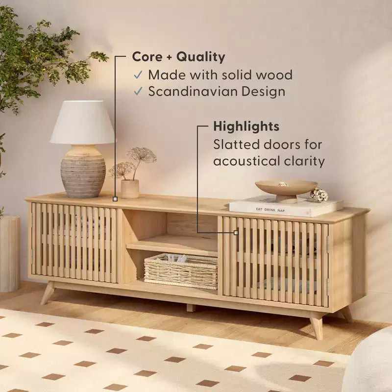 Meuble TV Mid-Century Moderne 150 cm en Bois Massif avec 2 Portes – Noir / Blond / Noyer / Pacanier