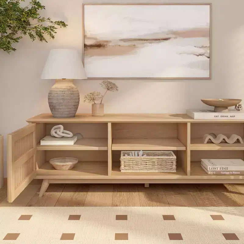 Meuble TV Mid-Century Moderne 150 cm en Bois Massif avec 2 Portes – Noir / Blond / Noyer / Pacanier