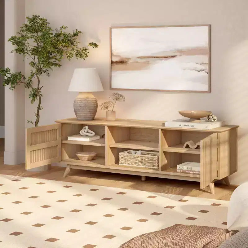 Meuble TV Mid-Century Moderne 150 cm en Bois Massif avec 2 Portes – Noir / Blond / Noyer / Pacanier