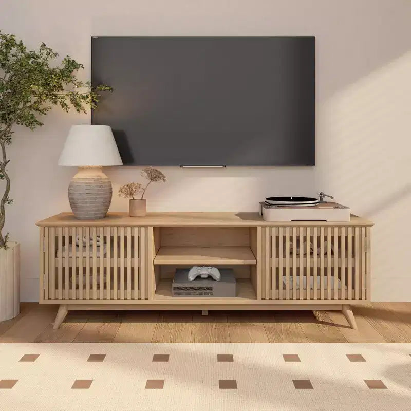 Meuble TV Mid-Century Moderne 150 cm en Bois Massif avec 2 Portes – Noir / Blond / Noyer / Pacanier