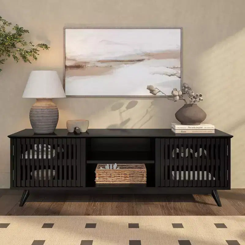 Meuble TV Mid-Century Moderne 150 cm en Bois Massif avec 2 Portes – Noir / Blond / Noyer / Pacanier