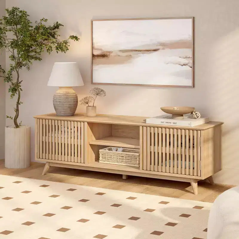 Meuble TV Mid-Century Moderne 150 cm en Bois Massif avec 2 Portes – Noir / Blond / Noyer / Pacanier