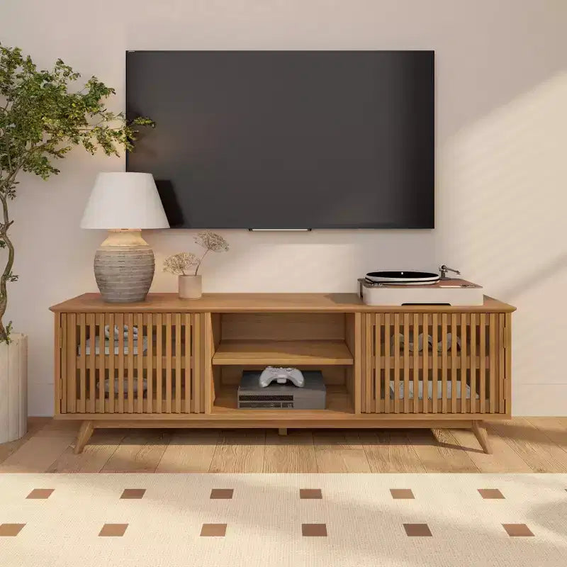 Meuble TV Mid-Century Moderne 150 cm en Bois Massif avec 2 Portes – Noir / Blond / Noyer / Pacanier