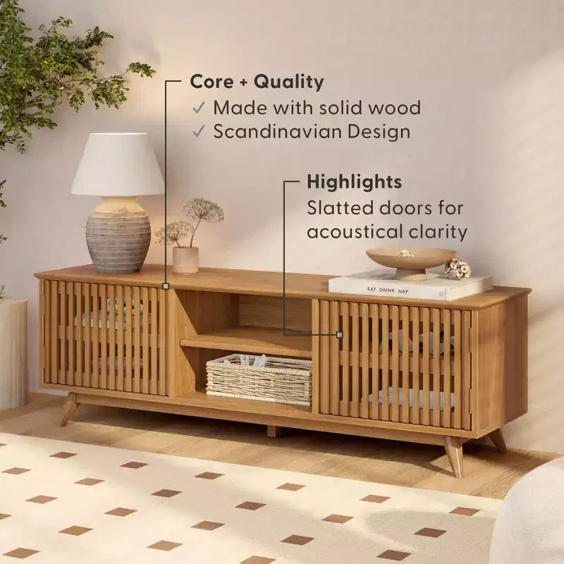 Meuble TV Mid-Century Moderne 150 cm en Bois Massif avec 2 Portes – Noir / Blond / Noyer / Pacanier