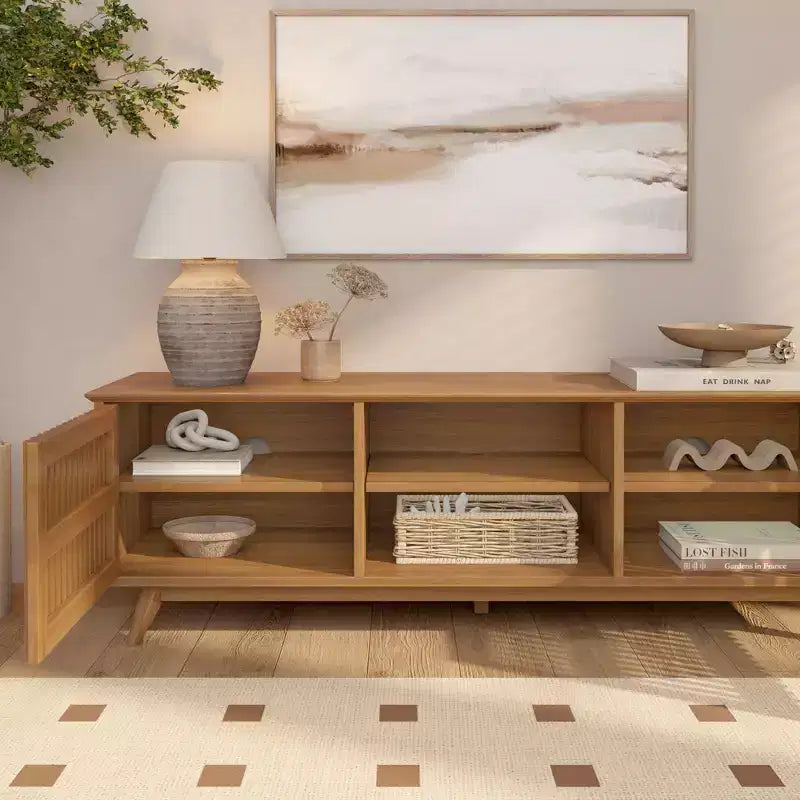 Meuble TV Mid-Century Moderne 150 cm en Bois Massif avec 2 Portes – Noir / Blond / Noyer / Pacanier