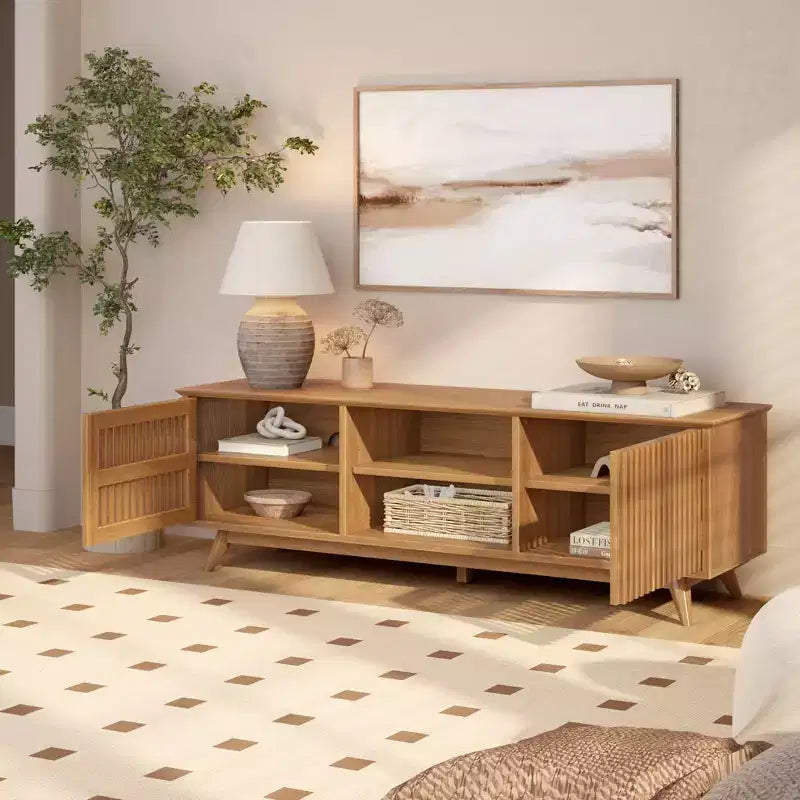Meuble TV Mid-Century Moderne 150 cm en Bois Massif avec 2 Portes – Noir / Blond / Noyer / Pacanier