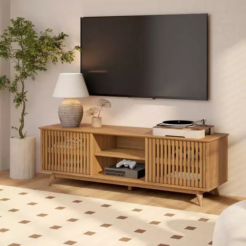 Meuble TV Mid-Century Moderne 150 cm en Bois Massif avec 2 Portes – Noir / Blond / Noyer / Pacanier