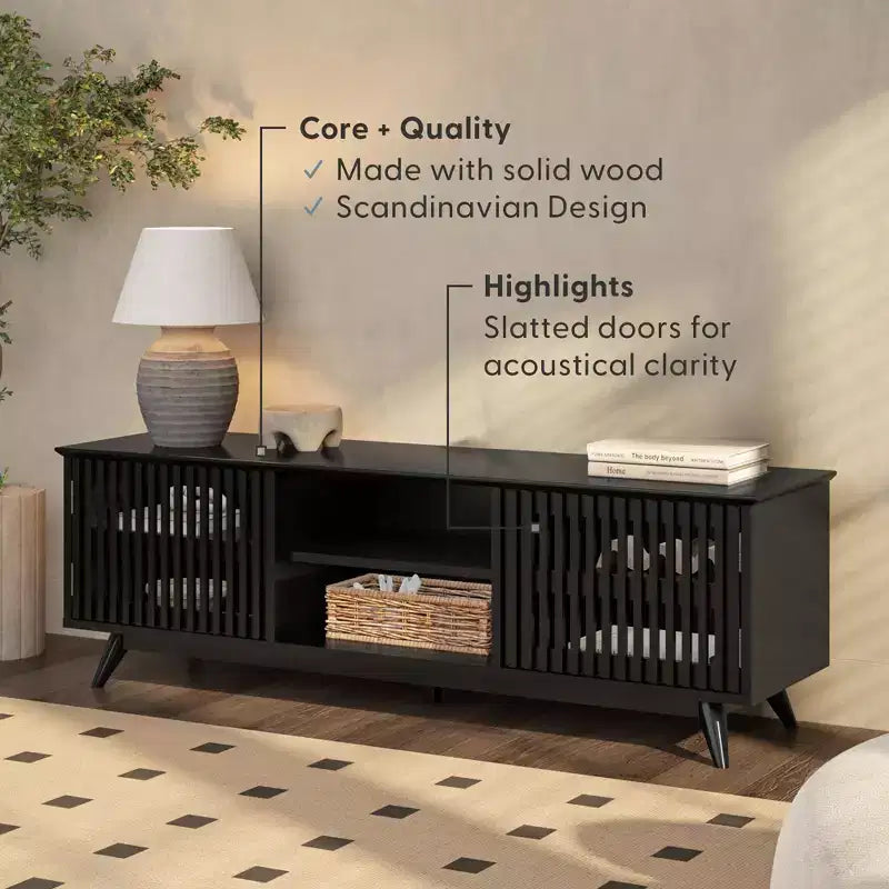Meuble TV Mid-Century Moderne 150 cm en Bois Massif avec 2 Portes – Noir / Blond / Noyer / Pacanier