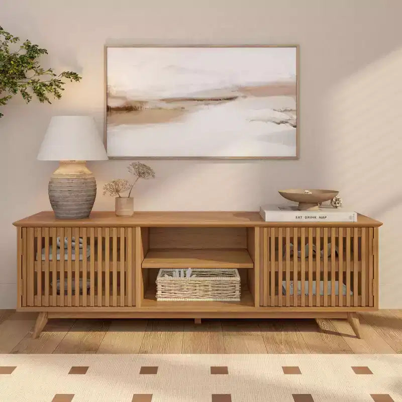 Meuble TV Mid-Century Moderne 150 cm en Bois Massif avec 2 Portes – Noir / Blond / Noyer / Pacanier