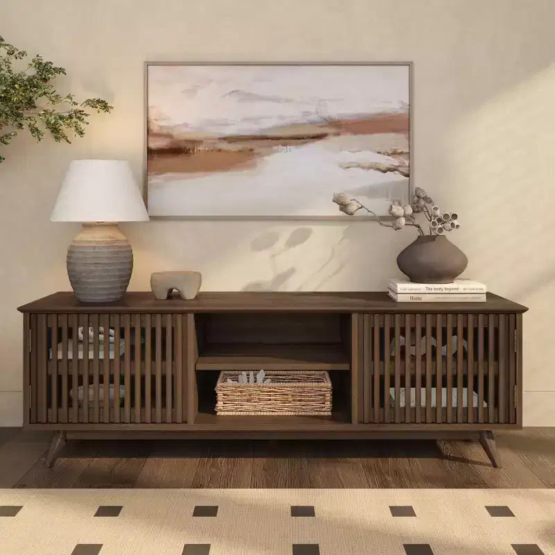 Meuble TV Mid-Century Moderne 150 cm en Bois Massif avec 2 Portes – Noir / Blond / Noyer / Pacanier