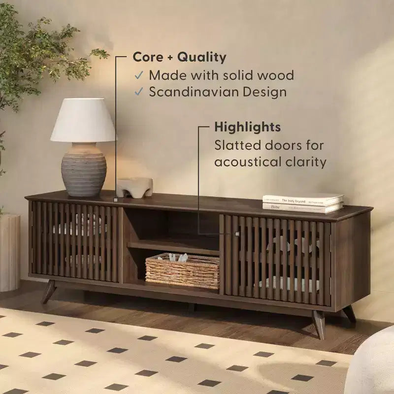 Meuble TV Mid-Century Moderne 150 cm en Bois Massif avec 2 Portes – Noir / Blond / Noyer / Pacanier