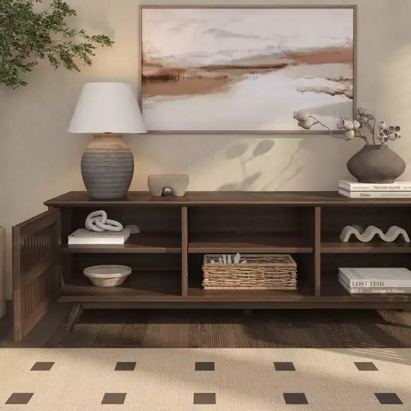 Meuble TV Mid-Century Moderne 150 cm en Bois Massif avec 2 Portes – Noir / Blond / Noyer / Pacanier