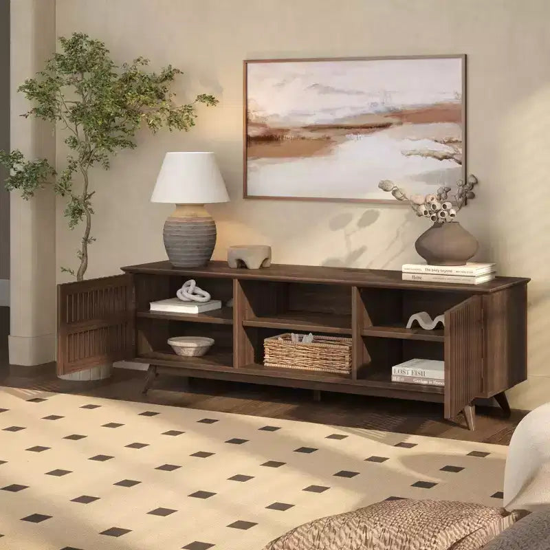 Meuble TV Mid-Century Moderne 150 cm en Bois Massif avec 2 Portes – Noir / Blond / Noyer / Pacanier