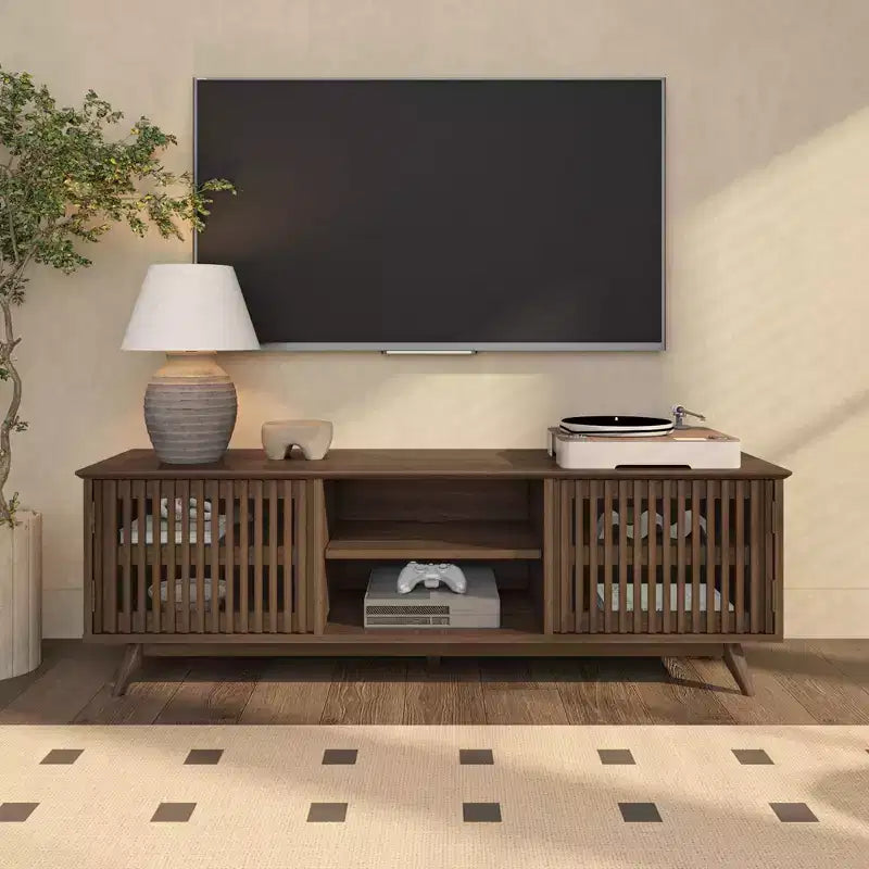 Meuble TV Mid-Century Moderne 150 cm en Bois Massif avec 2 Portes – Noir / Blond / Noyer / Pacanier