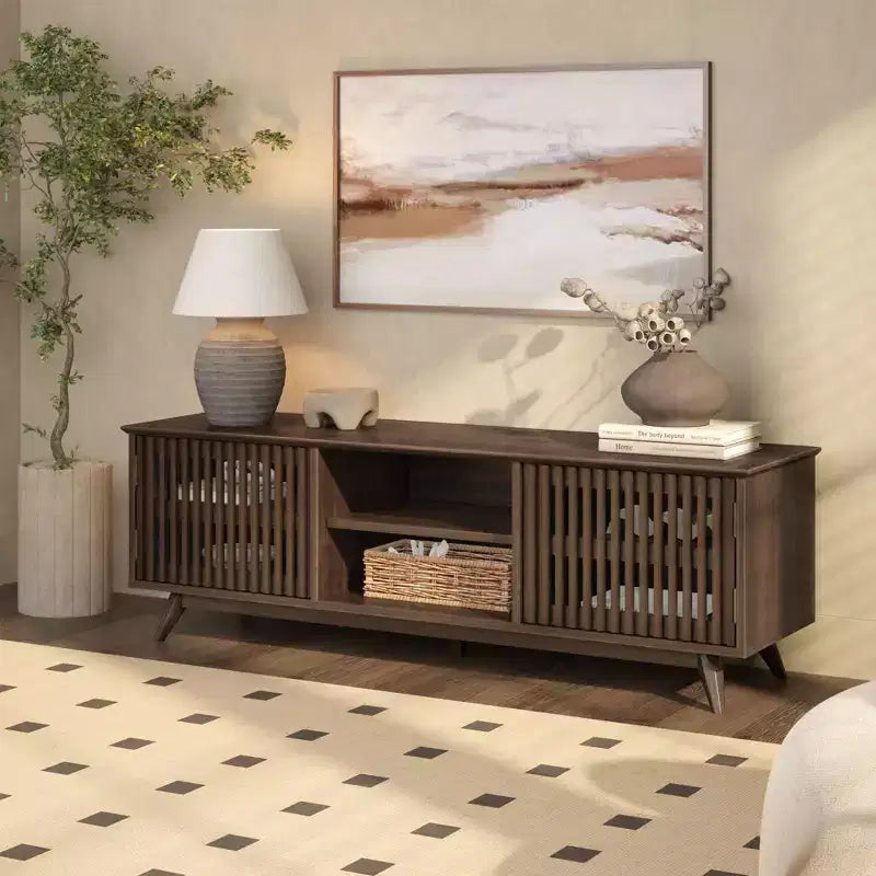 Meuble TV Mid-Century Moderne 150 cm en Bois Massif avec 2 Portes – Noir / Blond / Noyer / Pacanier