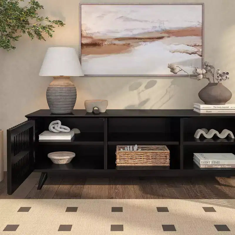 Meuble TV Mid-Century Moderne 150 cm en Bois Massif avec 2 Portes – Noir / Blond / Noyer / Pacanier