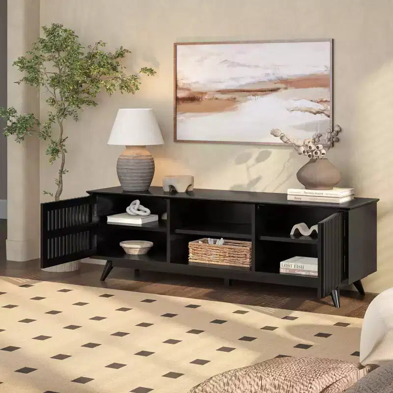 Meuble TV Mid-Century Moderne 150 cm en Bois Massif avec 2 Portes – Noir / Blond / Noyer / Pacanier