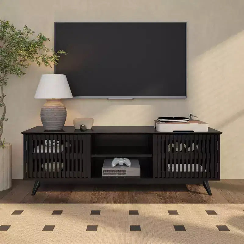 Meuble TV Mid-Century Moderne 150 cm en Bois Massif avec 2 Portes – Noir / Blond / Noyer / Pacanier