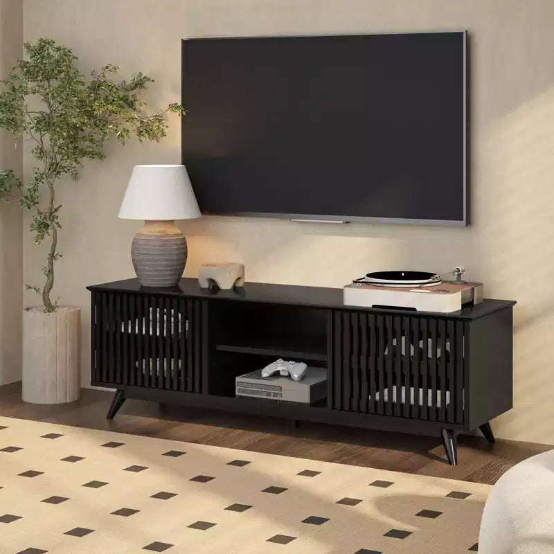 Meuble TV Mid-Century Moderne 150 cm en Bois Massif avec 2 Portes – Noir / Blond / Noyer / Pacanier