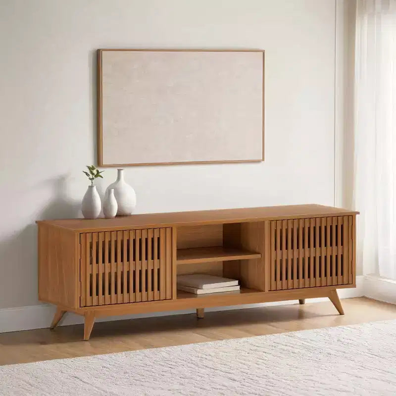 Meuble TV Mid-Century Moderne 150 cm en Bois Massif avec 2 Portes – Noir / Blond / Noyer / Pacanier
