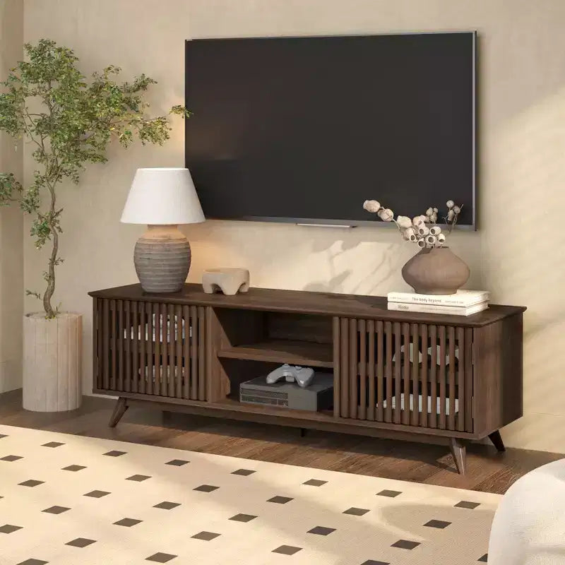 Meuble TV Mid-Century Moderne 150 cm en Bois Massif avec 2 Portes – Noir / Blond / Noyer / Pacanier