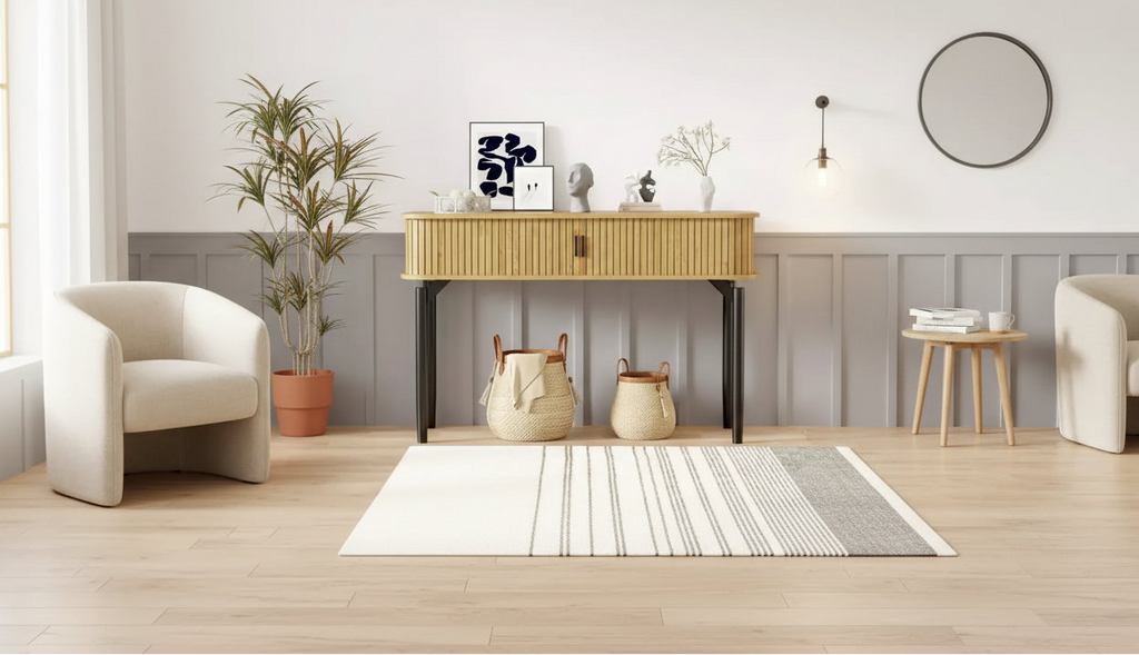 Console étroite cannelée de 47 po avec tiroirs, tables d'entrée étroites avec rangement et étagères