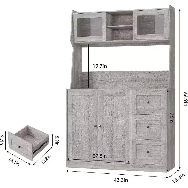 Meuble de rangement haut et réglable de 170 cm avec portes en verre trempé, plan de travail spacieux, garde-manger de cuisine moderne, bar à café, organisateur de bureau