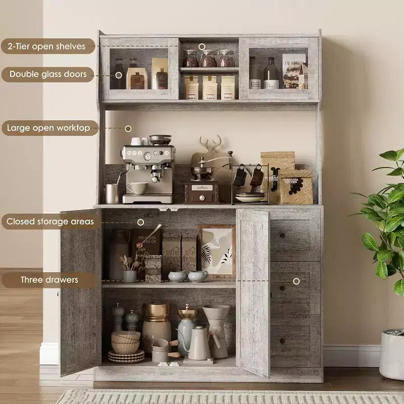 Meuble de rangement haut et réglable de 170 cm avec portes en verre trempé, plan de travail spacieux, garde-manger de cuisine moderne, bar à café, organisateur de bureau