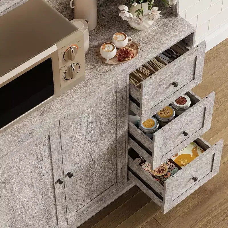 Meuble de rangement haut et réglable de 170 cm avec portes en verre trempé, plan de travail spacieux, garde-manger de cuisine moderne, bar à café, organisateur de bureau