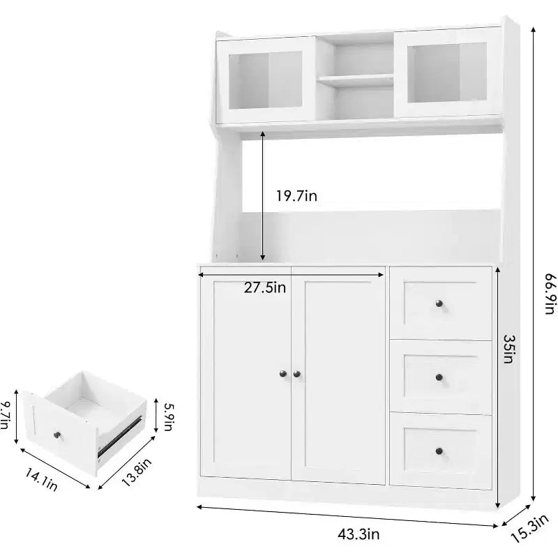 Meuble de rangement haut et réglable de 170 cm avec portes en verre trempé, plan de travail spacieux, garde-manger de cuisine moderne, bar à café, organisateur de bureau