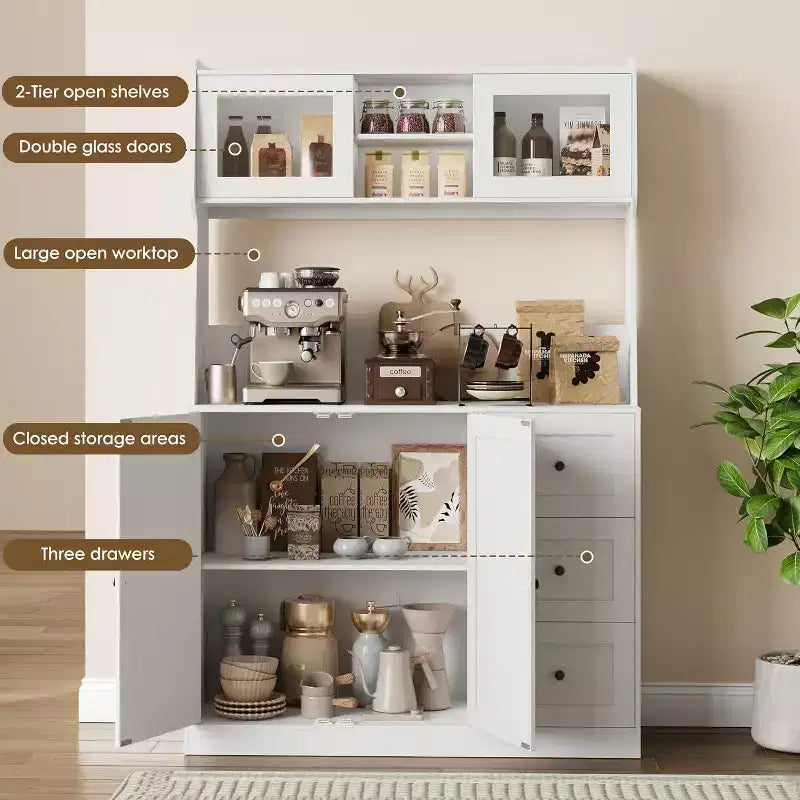 Meuble de rangement haut et réglable de 170 cm avec portes en verre trempé, plan de travail spacieux, garde-manger de cuisine moderne, bar à café, organisateur de bureau