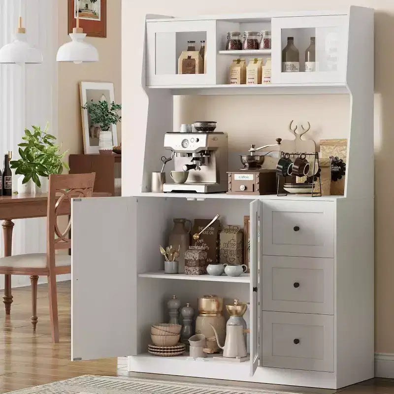 Meuble de rangement haut et réglable de 170 cm avec portes en verre trempé, plan de travail spacieux, garde-manger de cuisine moderne, bar à café, organisateur de bureau