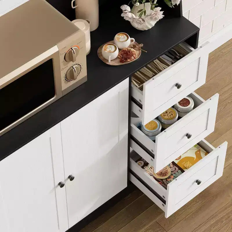 Meuble de rangement haut et réglable de 170 cm avec portes en verre trempé, plan de travail spacieux, garde-manger de cuisine moderne, bar à café, organisateur de bureau