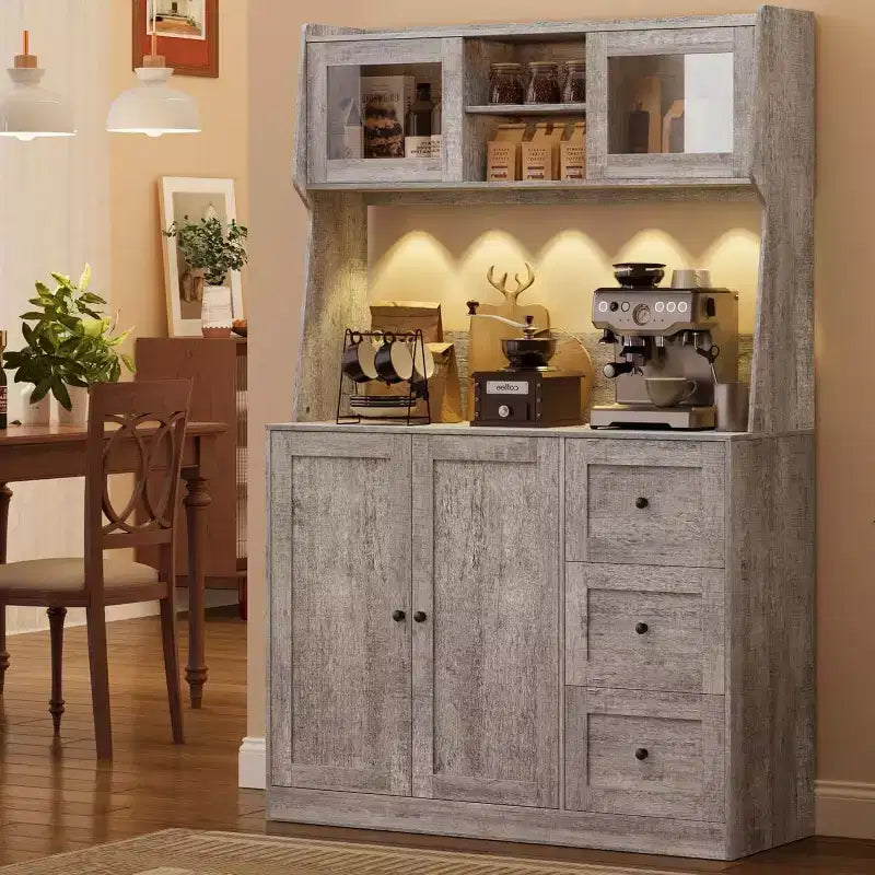 Meuble de rangement haut et réglable de 170 cm avec portes en verre trempé, plan de travail spacieux, garde-manger de cuisine moderne, bar à café, organisateur de bureau