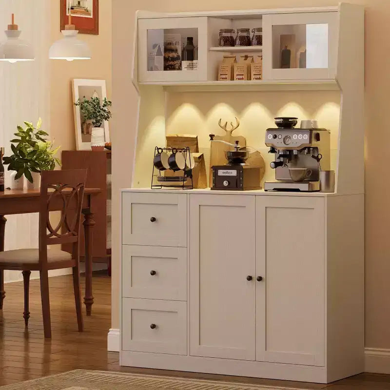 Meuble de rangement haut et réglable de 170 cm avec portes en verre trempé, plan de travail spacieux, garde-manger de cuisine moderne, bar à café, organisateur de bureau