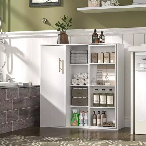VECELO 4-Tier Floor Storage Cabinet, Kitchen Pantry Storage with Door & Adjustable Shelves, Freestanding Organizer for Bathroom, White