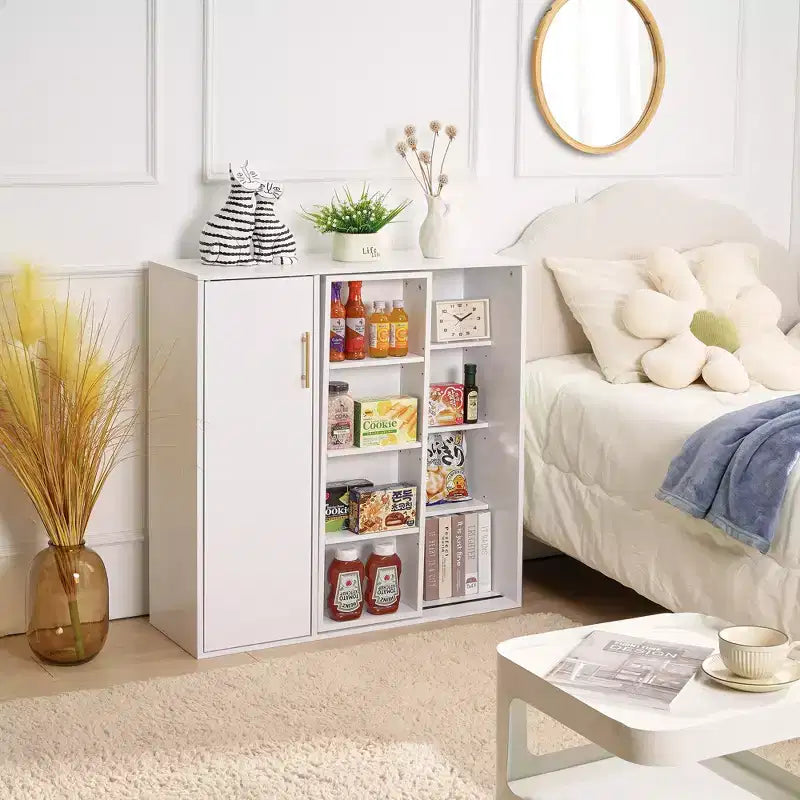 Meuble de Rangement au Sol à 4 Niveaux, Armoire de Cuisine avec Porte et Étagères Réglables, Organiseur Autonome pour Salle de Bain, Blanc