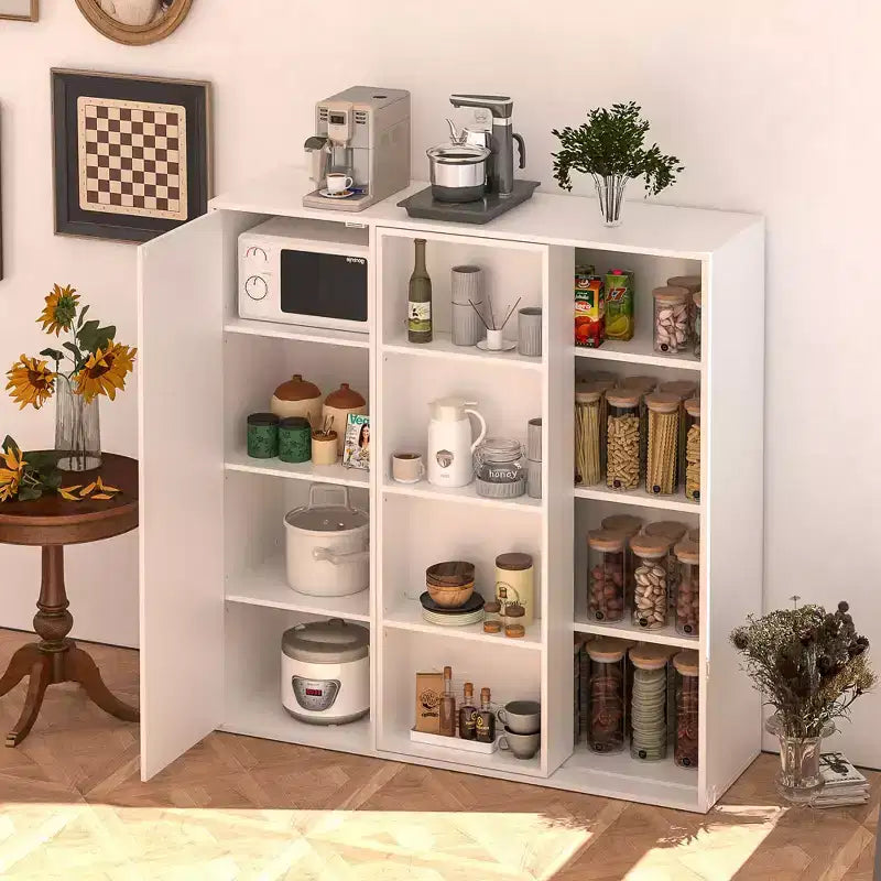 Meuble de Rangement au Sol à 4 Niveaux, Armoire de Cuisine avec Porte et Étagères Réglables, Organiseur Autonome pour Salle de Bain, Blanc