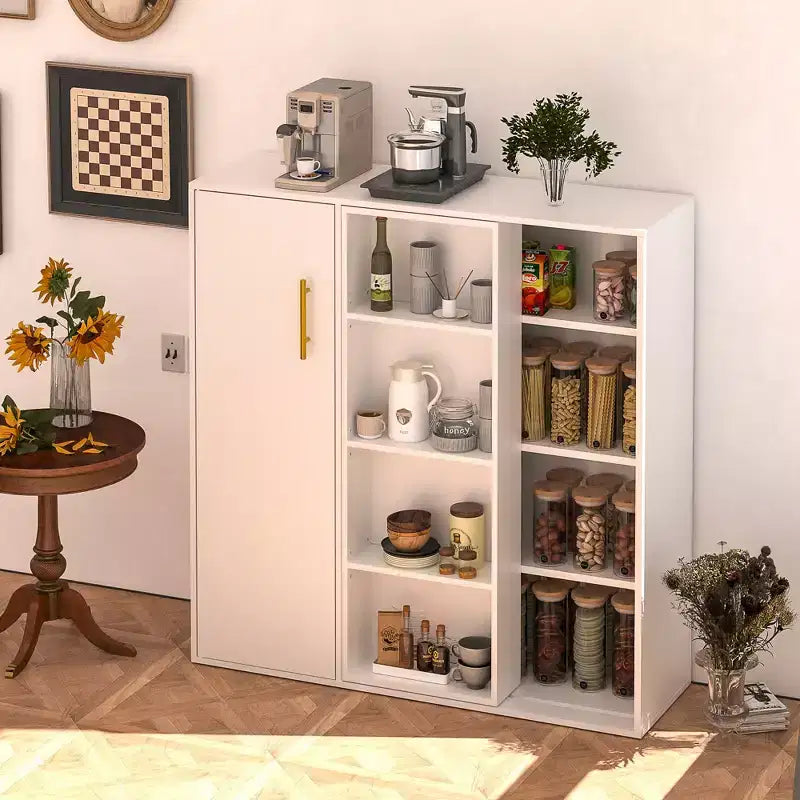 Meuble de Rangement au Sol à 4 Niveaux, Armoire de Cuisine avec Porte et Étagères Réglables, Organiseur Autonome pour Salle de Bain, Blanc