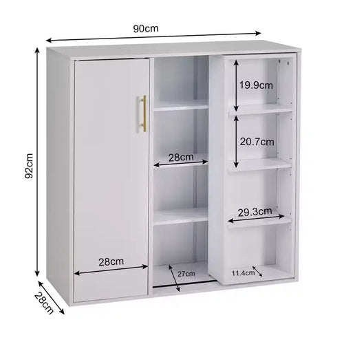 Meuble de Rangement au Sol à 4 Niveaux, Armoire de Cuisine avec Porte et Étagères Réglables, Organiseur Autonome pour Salle de Bain, Blanc