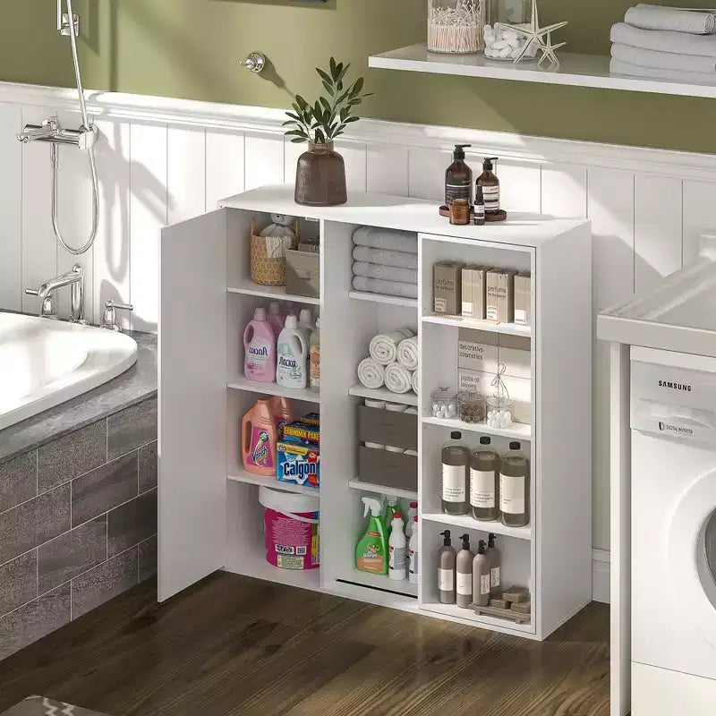 Meuble de Rangement au Sol à 4 Niveaux, Armoire de Cuisine avec Porte et Étagères Réglables, Organiseur Autonome pour Salle de Bain, Blanc