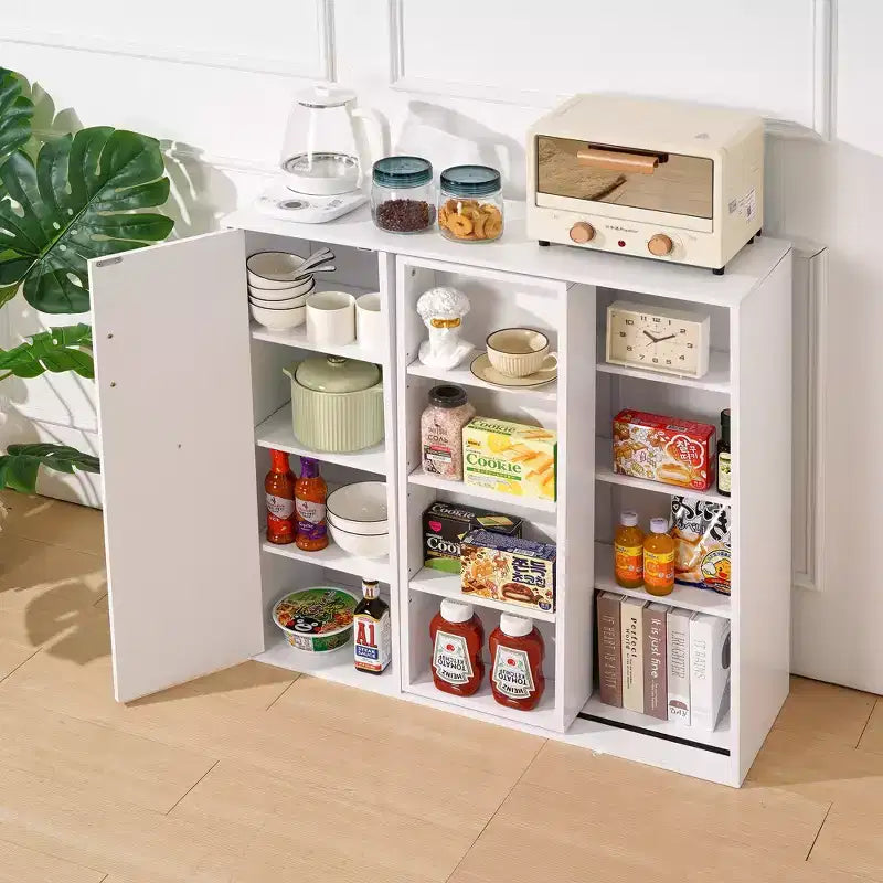 Meuble de Rangement au Sol à 4 Niveaux, Armoire de Cuisine avec Porte et Étagères Réglables, Organiseur Autonome pour Salle de Bain, Blanc