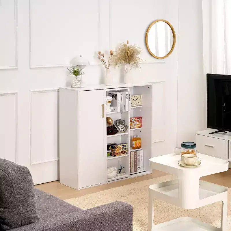 Meuble de Rangement au Sol à 4 Niveaux, Armoire de Cuisine avec Porte et Étagères Réglables, Organiseur Autonome pour Salle de Bain, Blanc